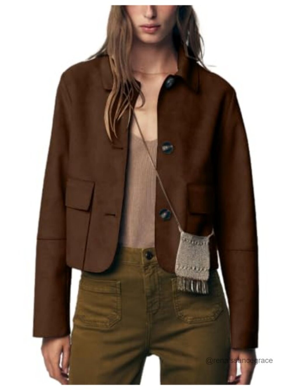 Womens Faux Suede Cropped Casual Button Down Jacket